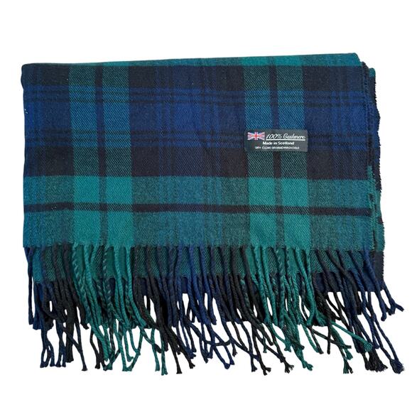 100% Cashmere Scarf Tartan Flannel Checked Green Fringe Winter Made In Scotland - Picture 1 of 4